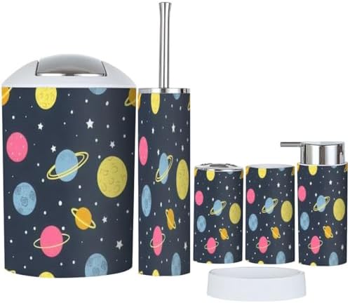 Space-Themed Bathroom Accessory Set 6 Piece Seamless Flat Style Durable Practical