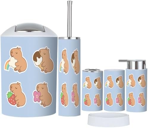 Bathroom Accessory Set Boho Style 6 Piece White Animal Character Organizing Set