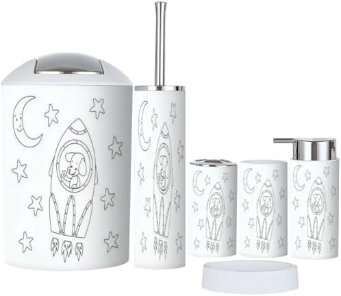White Rocket-Themed 6-Piece Bathroom Accessories Set