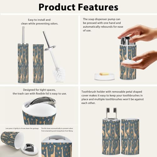 Boho Giraffe Flowers Bathroom Accessory Set 6 Piece 1
