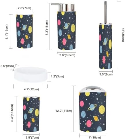 Space-Themed Bathroom Accessory Set 6 Piece Seamless Flat Style Durable Practical