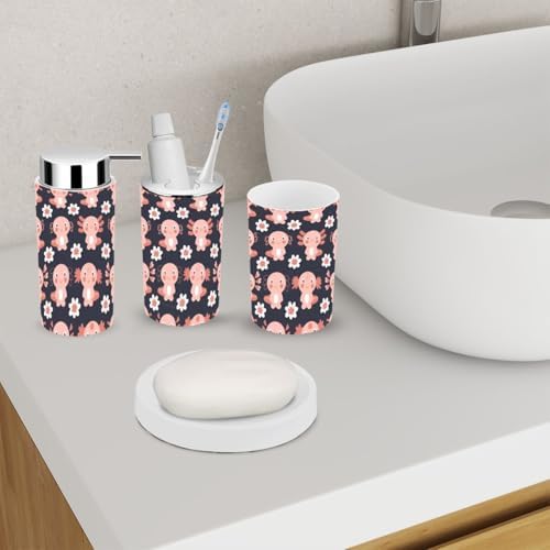 XNGJEMVWXOCompact bathroom accessory set with seamless patternaxolotls and flowers