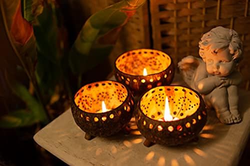 Set of 3 Coconut Shell Candle Holders with Tealight Candles