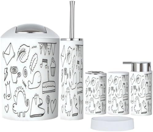 Stylish 6-Piece White Hand Drawn Kids Doodle Bathroom Accessory Set