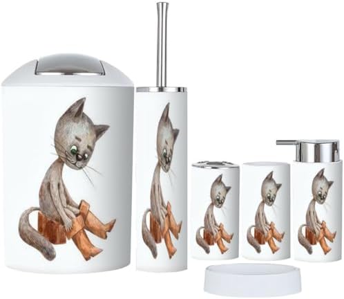 6 Piece Bathroom Accessory Set with Funny Cat Design
