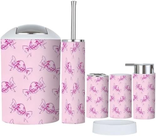 Bathroom Accessory Set 6-Piece set for Girls Seamless Pattern Pink