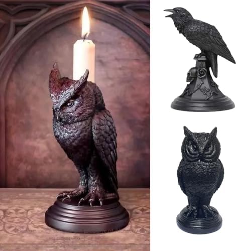 Gothic Owl Candle Stick Holders - Black Resin Decor compliments