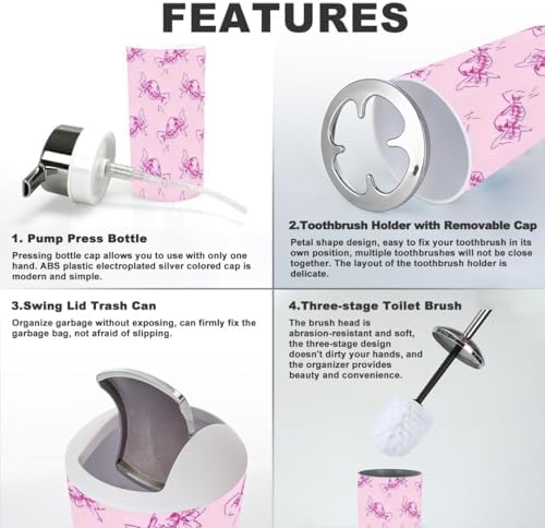 Bathroom Accessory Set 6-Piece set for Girls Seamless Pattern Pink