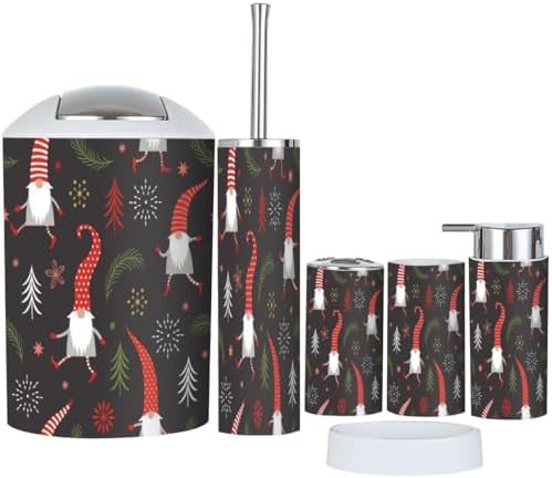 Festive 6-Piece Bathroom Accessory Set with Christmas Gnomes Red Design