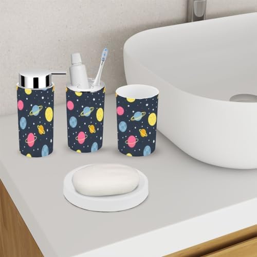 Space-Themed Bathroom Accessory Set 6 Piece Seamless Flat Style Durable Practical