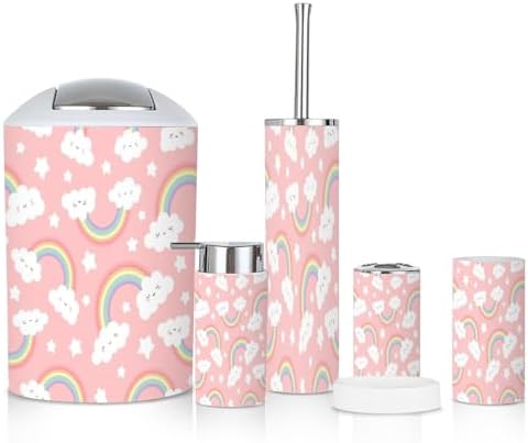 6-Piece Bathroom Set Cloud Rainbow Cartoon Pink Sky for Kids