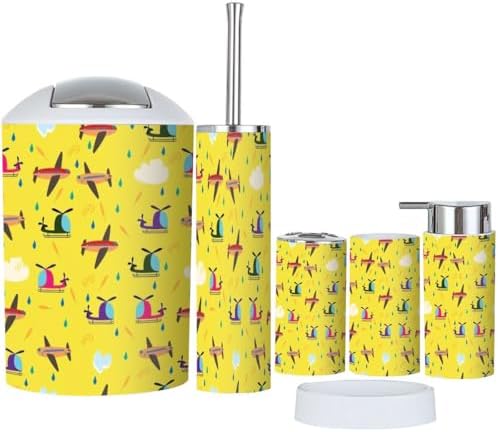Kids Bathroom Accessory Set 6 Piece Airplanes Helicopters Vehicles Feathers Pattern