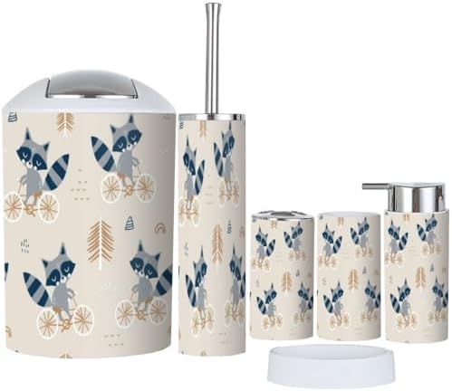 6-PiecePVC Bathroom Accessory Set Childish Pattern Raccoon Onesies Forest Background