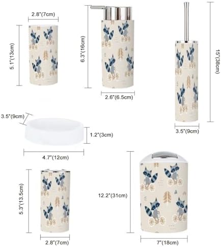 6-PiecePVC Bathroom Accessory Set Childish Pattern Raccoon Onesies Forest Background