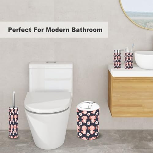 XNGJEMVWXOCompact bathroom accessory set with seamless patternaxolotls and flowers