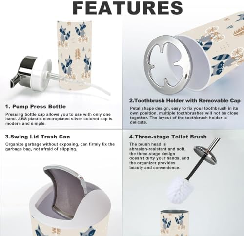 6-PiecePVC Bathroom Accessory Set Childish Pattern Raccoon Onesies Forest Background