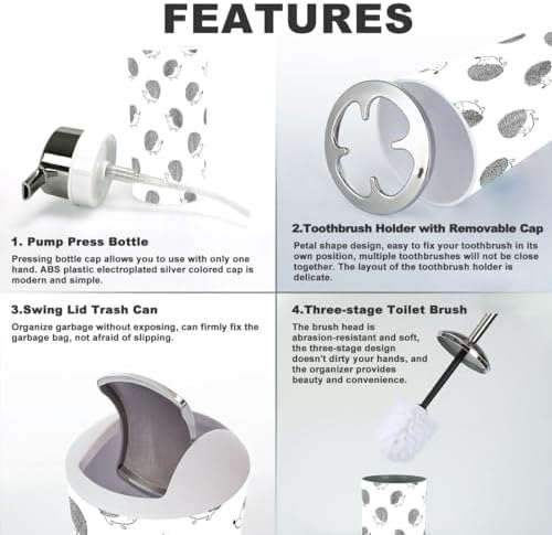 Bathroom Accessories Set 6 Pcs - Cute Decor with Hedgehogs