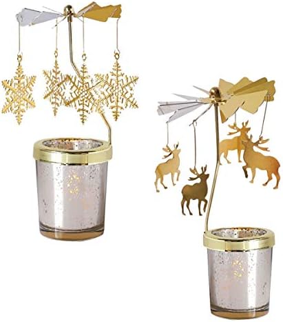 2pcs Rotating Christmas Candlestick Gold Snowflake and Fawn Holder