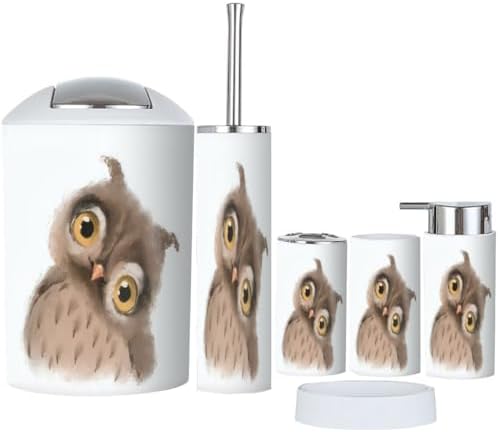 Bathroom Accessor Set CD Owl-Themed 6-Piece Collection