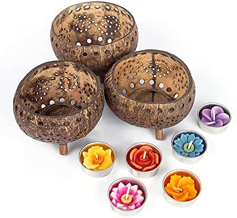 Set of 3 Coconut Shell Candle Holders with Tealight Candles