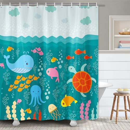 JAWO Kids bathing curtain - fun ocean theme with whale and turtle