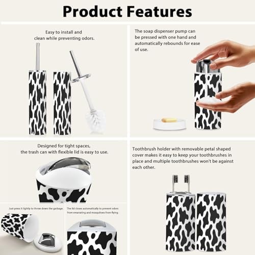 Stylish Black White Milk Cow Skin Bathroom Accessory Set