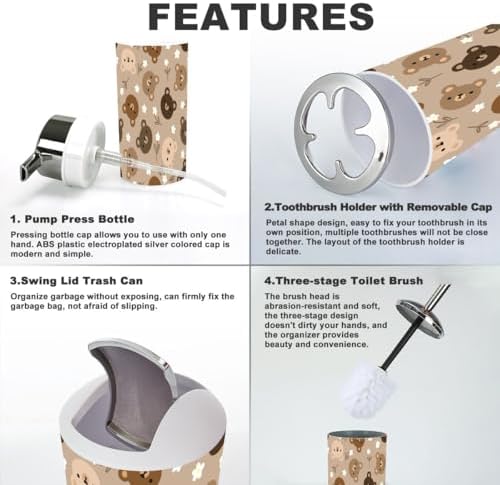 Bathroom Accessory Set 6 Piece - Cute Eco-Friendly Stylish Organized Durable Functional