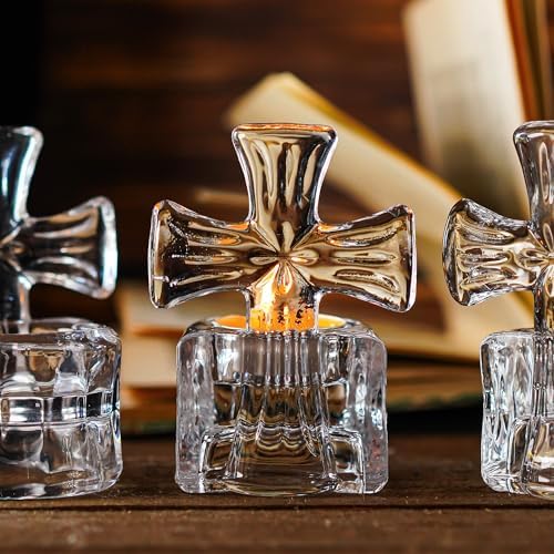 HD HYALINE DORA Set of 3 Clear Glass Cross Candle Holder 4 High