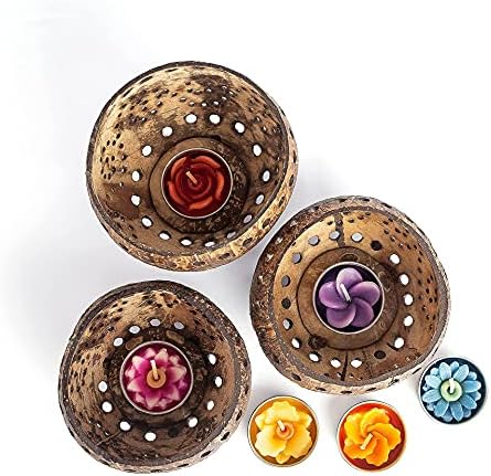 Set of 3 Coconut Shell Candle Holders with Tealight Candles