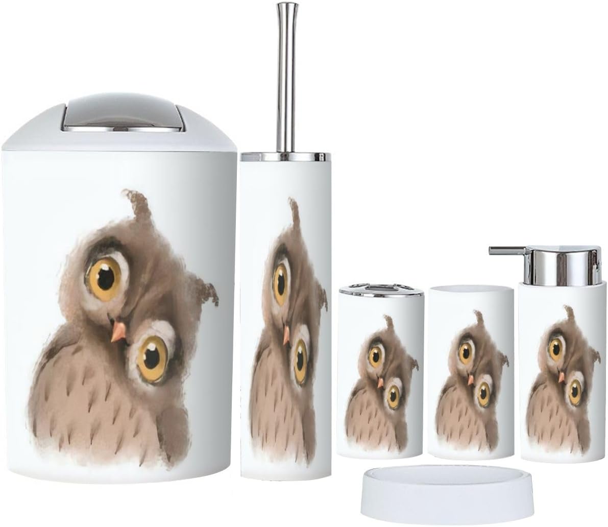 Bathroom Accessor Set CD Owl-Themed 6-Piece Collection