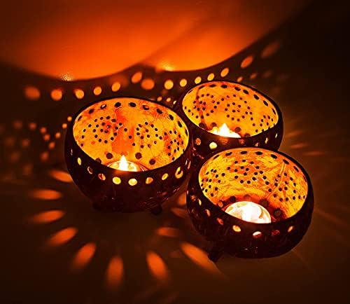 Set of 3 Coconut Shell Candle Holders with Tealight Candles