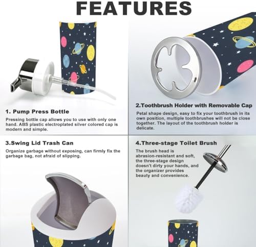 Space-Themed Bathroom Accessory Set 6 Piece Seamless Flat Style Durable Practical