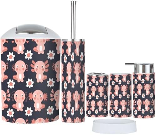 XNGJEMVWXOCompact bathroom accessory set with seamless patternaxolotls and flowers