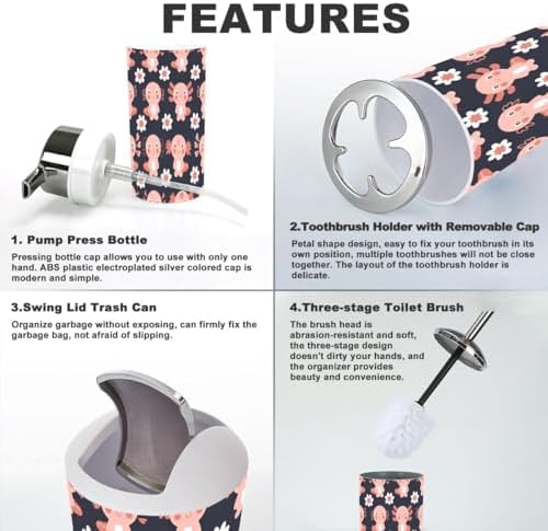 XNGJEMVWXOCompact bathroom accessory set with seamless patternaxolotls and flowers