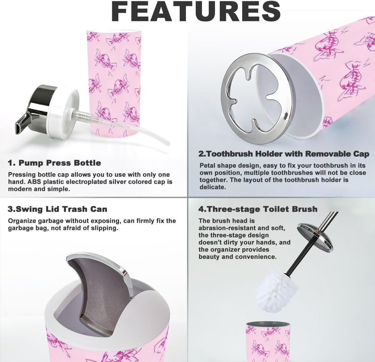 Bathroom Accessory Set 6-Piece set for Girls Seamless Pattern Pink
