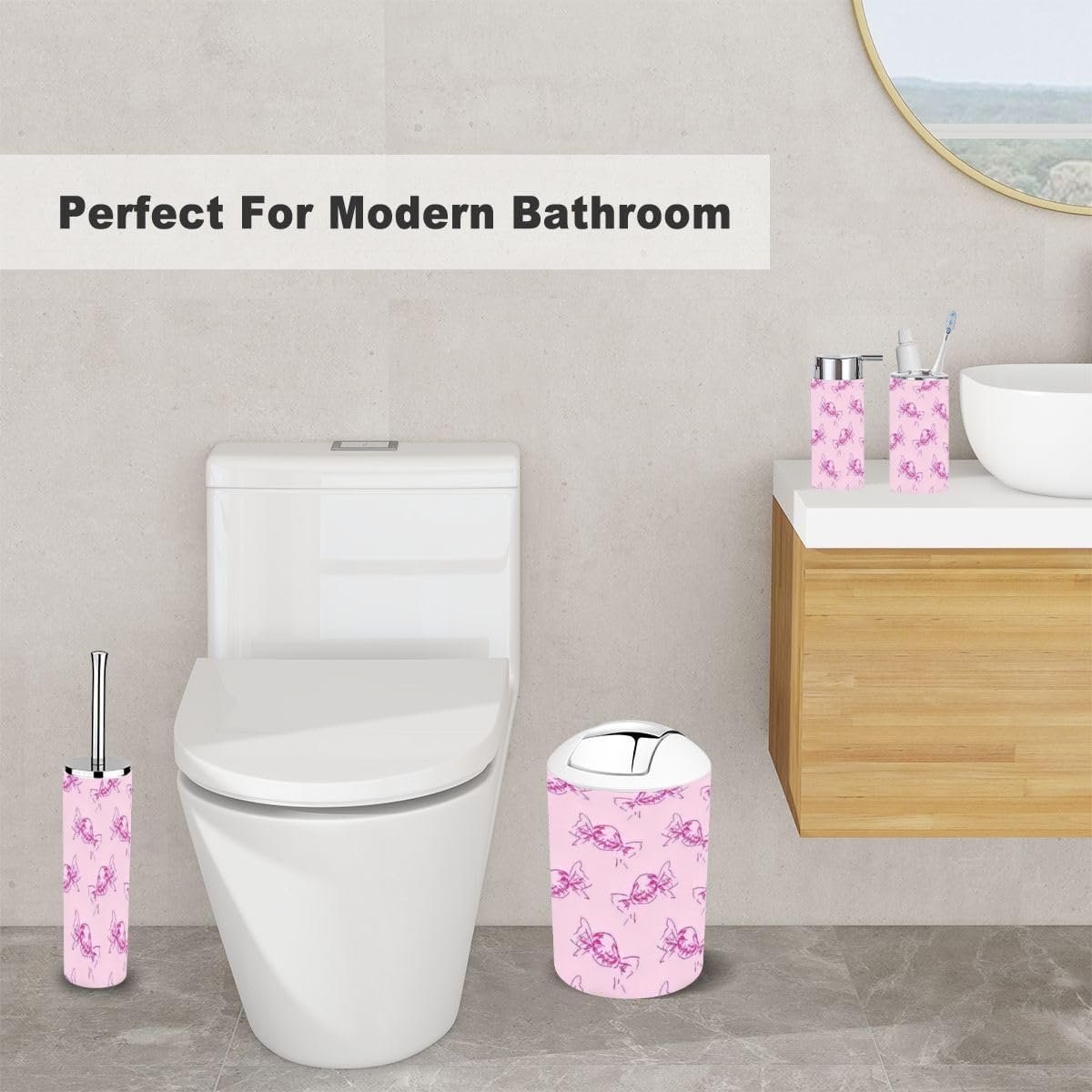 Bathroom Accessory Set 6-Piece set for Girls Seamless Pattern Pink