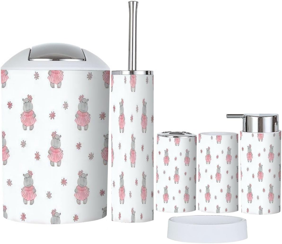 Bathroom Accessory Set for Girls Cute Hippo Pattern Design