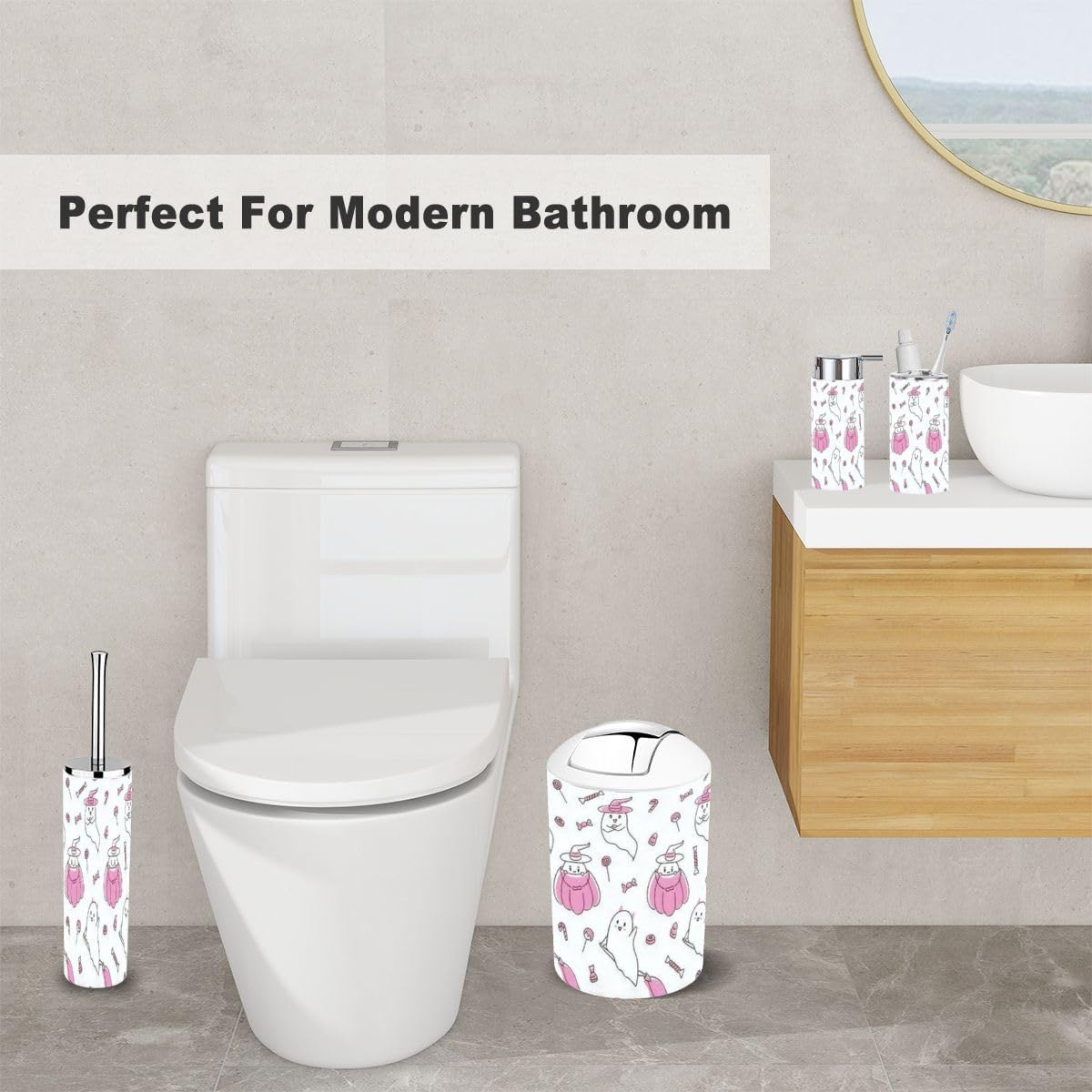 gon Haunted Halloween Pink Bathroom Accessory Set 6 Piece Spooky Design