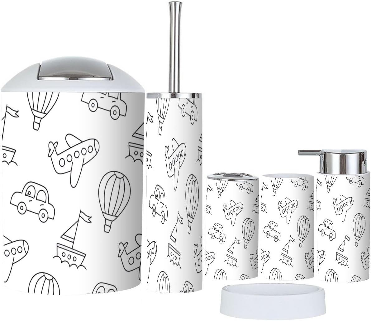 6 Piece Bathroom Accessory Set with Kids Doodle Design
