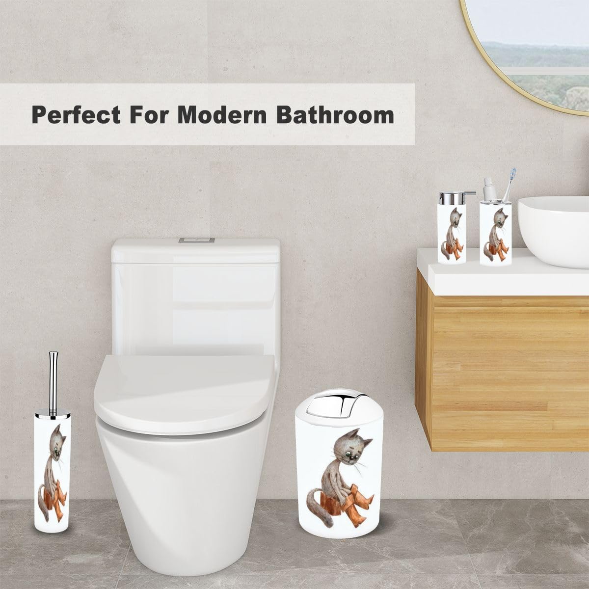 6 Piece Bathroom Accessory Set with Funny Cat Design