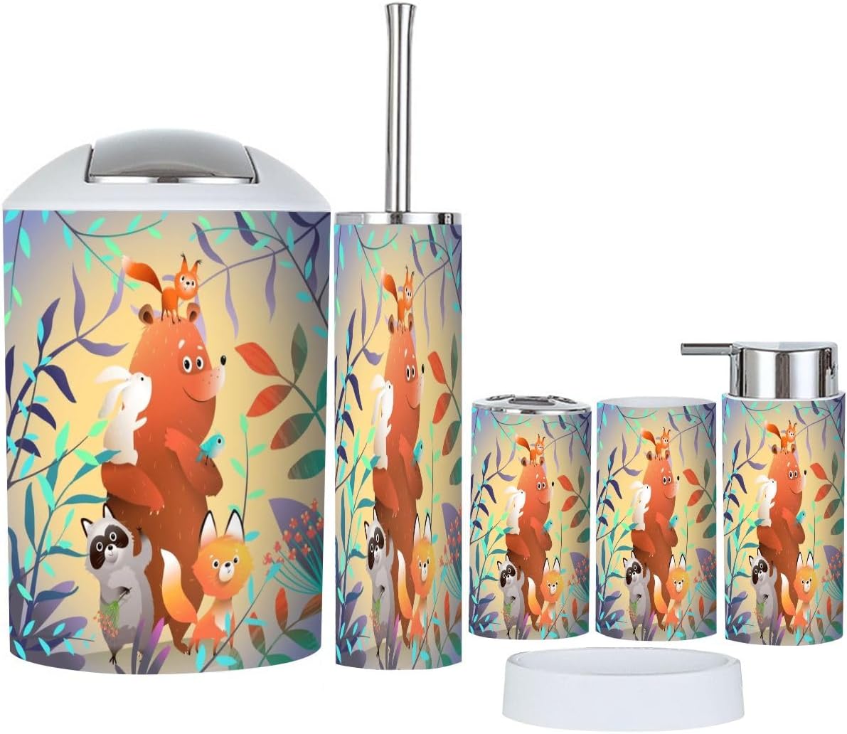 6-Piece bath accessories featuring forest animal characters