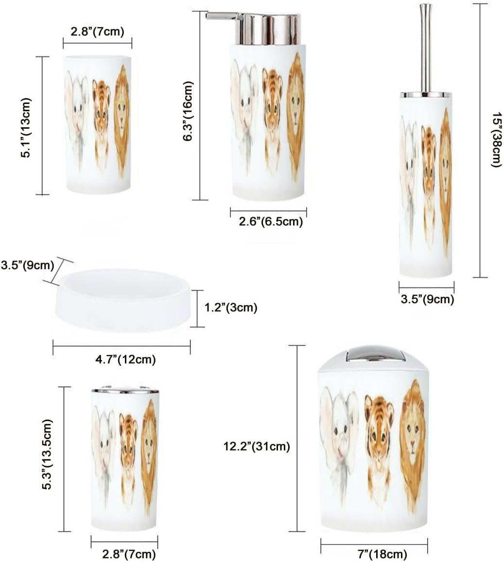 6 Piece bathroom accessory set with funny animal theme