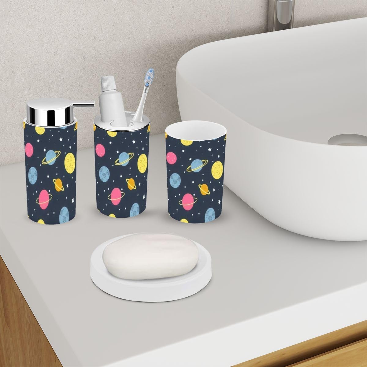 Space-Themed Bathroom Accessory Set 6 Piece Seamless Flat Style Durable Practical