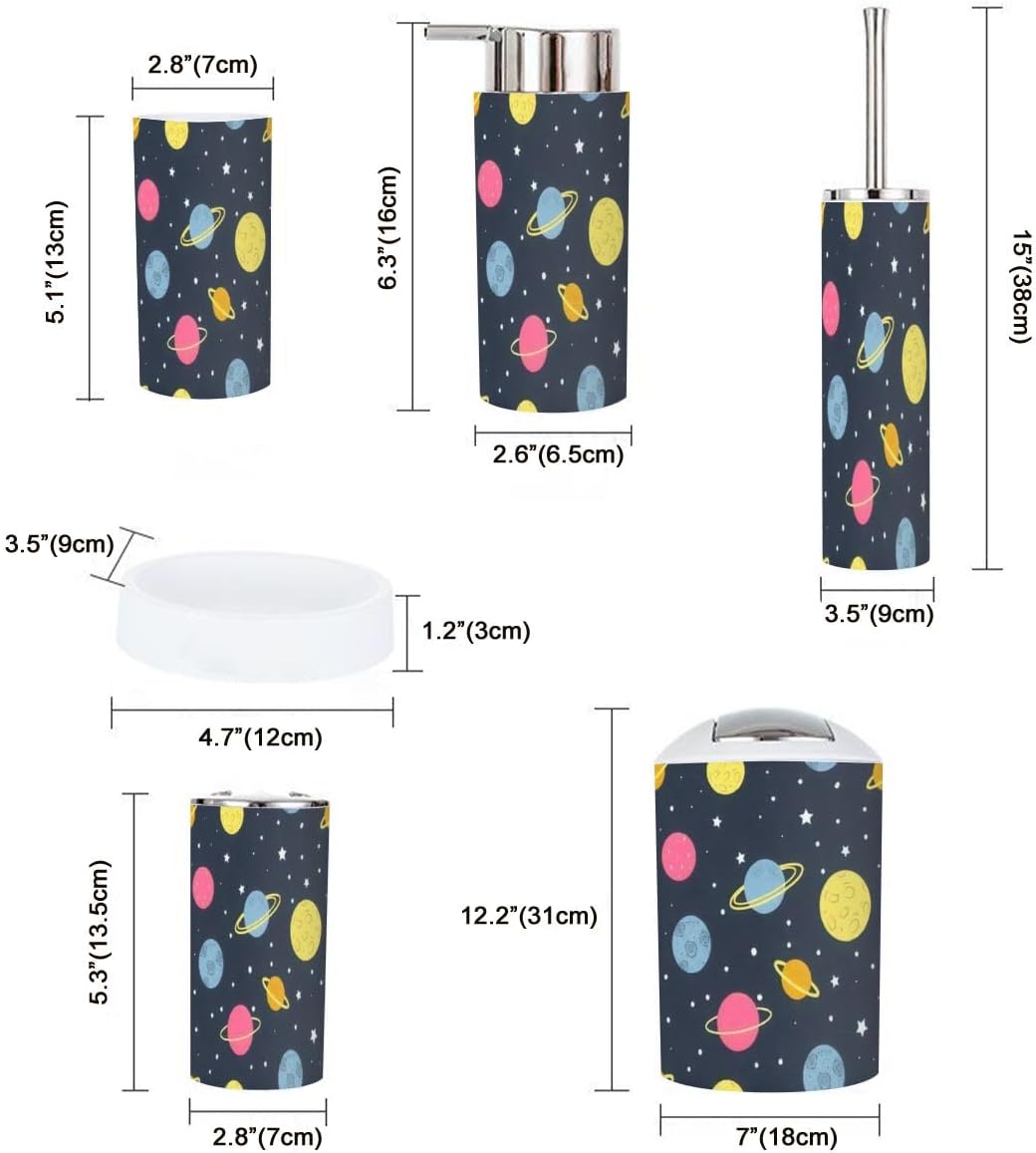 Space-Themed Bathroom Accessory Set 6 Piece Seamless Flat Style Durable Practical