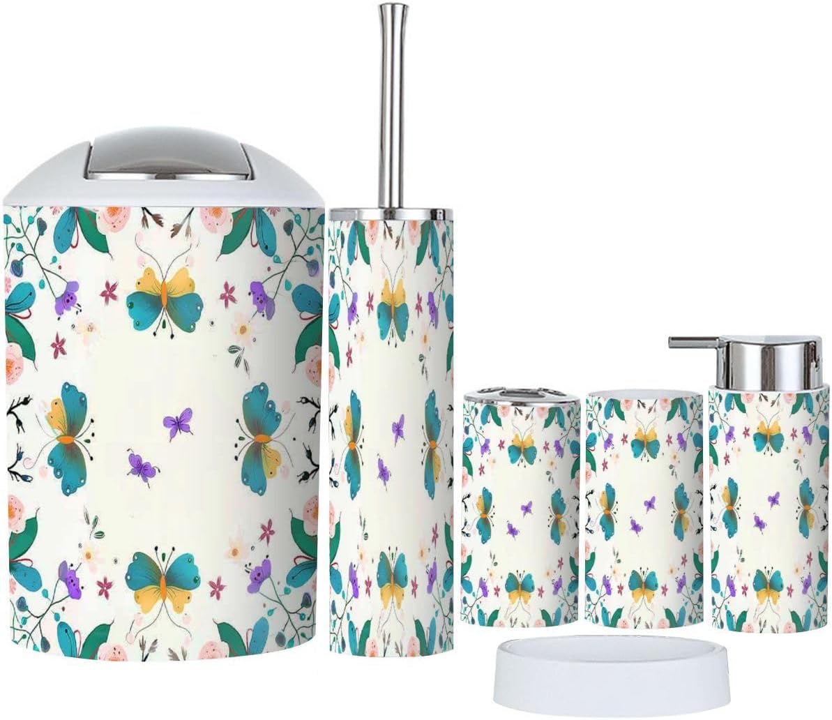 XNGJEMVWXOBathroom Accessory Set 6 Piece Purple Butterflies Brown Beetles Bath Set