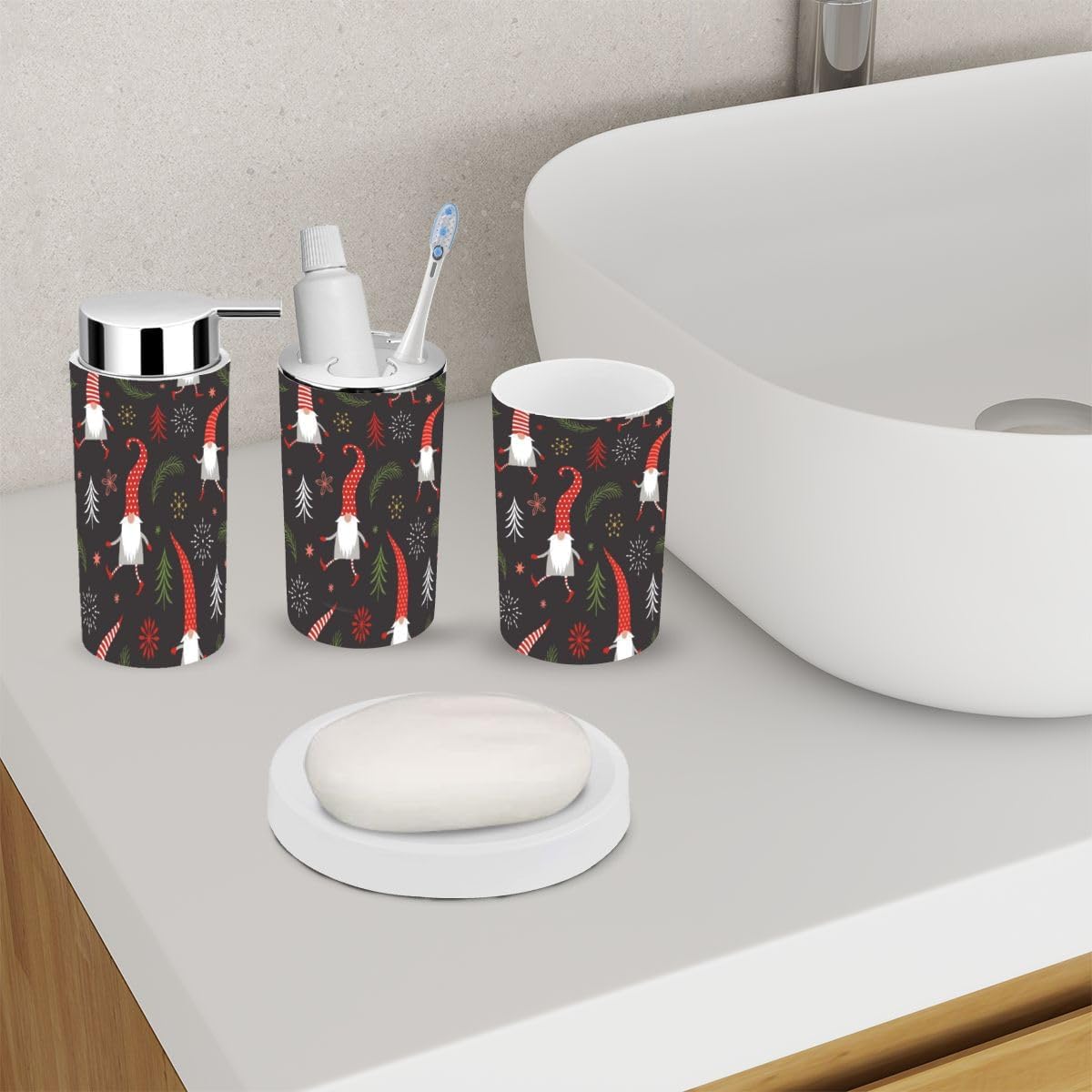 Festive 6-Piece Bathroom Accessory Set with Christmas Gnomes Red Design
