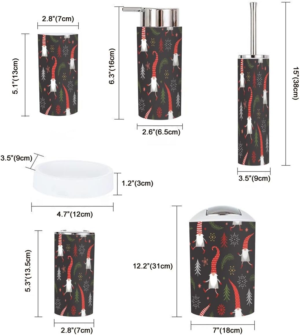 Festive 6-Piece Bathroom Accessory Set with Christmas Gnomes Red Design