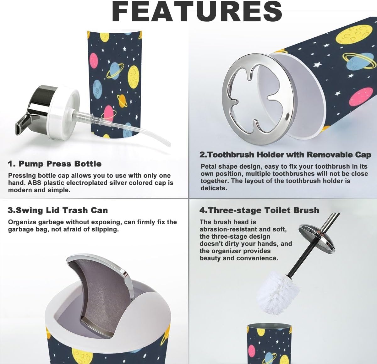 Space-Themed Bathroom Accessory Set 6 Piece Seamless Flat Style Durable Practical