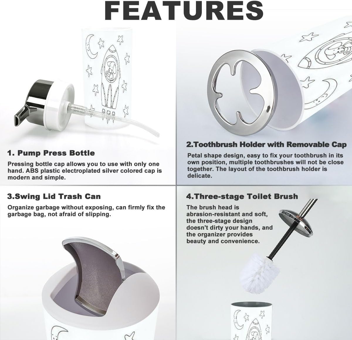 White Rocket-Themed 6-Piece Bathroom Accessories Set