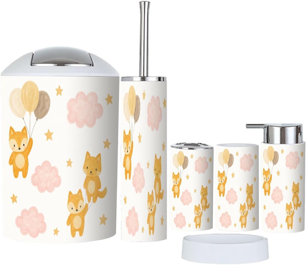 Stylish 6-Piece Bathroom Organizing Set with Cute Fox Print